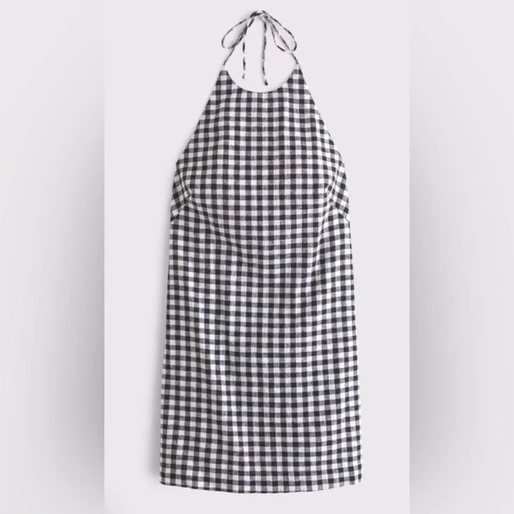Abercrombie & Fitch Gingham Halter Mini Dress Large Tall Black White Linen Blend - Picture 6 of 11